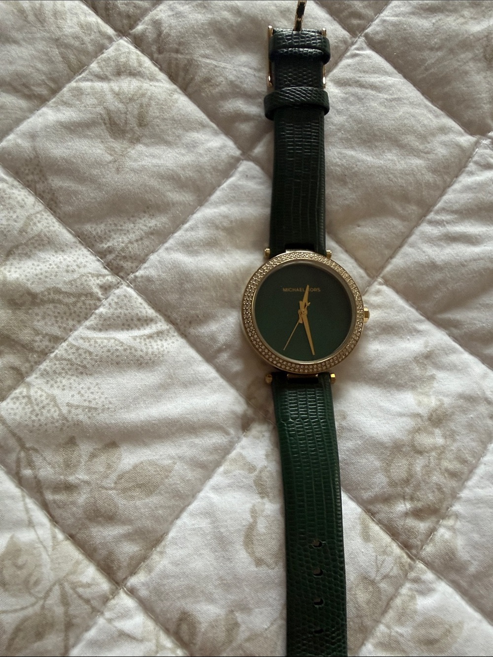 Michael Kors Green Leather Strap Watch with Gold Crystal-Trim Case